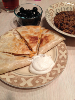deathwingxvx:  I made chik’n quesadillas with rice and beans