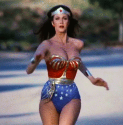 Lynda Carter as Wonder Woman bouncing, I mean bounding into action.