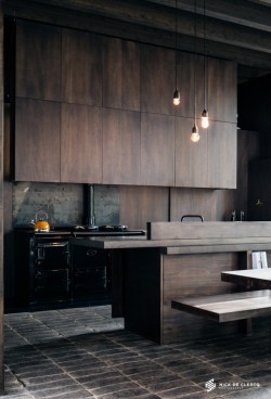 dustjacketattic:  dark wood industrial style kitchen