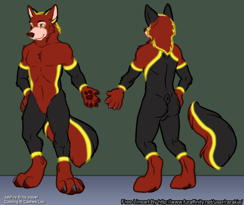 JakFire ref sheet by Rarakie, colored by meThis was a first for me. JakFire gave me the line art from Rarakie and a general color scheme, and asked me to basically design the look of his character. I was a little nervous about the outcome, and I’m