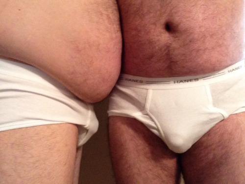 baterbear:  Got my boy to wear some Hanes briefs today.   Bear and cub in tighty whities. Woof