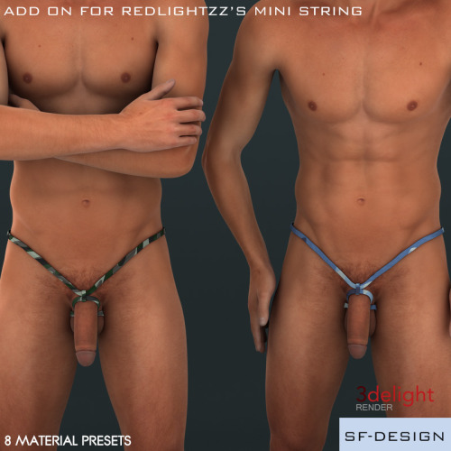 Looking for some new textures for RedLightZZ Mini String? Well SFD has done just that!  This product contains 8 new material presets (3Delight) for 	RedlightZZ’s Mini String for Genesis 2 Male. Make sure you get the Mini String product before purcha