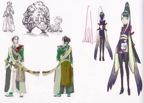jade-of-impala:  Concept art of the Black Blades scanned from the Bravely Default Deluxe Artbook Featured are Nobutsuna Kamiizumi the swordmaster, Konoe Kikyo the ninja, Qada the salve maker, and performer Praline a la Mode. The pirate Heyreddin Barbaross