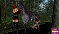 the-moonking:  Bonnie Takes Her Turn - The MoonKing  Alina and Bonnie promised Nan they would take care of her prized stallion, Magnus. As she drew her last breaths, the cousins promised they would ride him out daily and that they would take turns caring