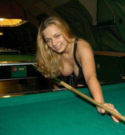 pooltablebabes:  Downblouse cleavage at the pool table … 