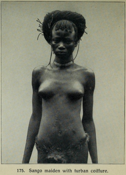 Sango girl, from From the Congo to the Niger and the Nile : an account of The German Central African expedition of 1910-1911. Via Internet Archive.