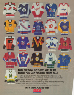 hockey-time-machine:  Vintage USA Network NHL ad, featuring the
