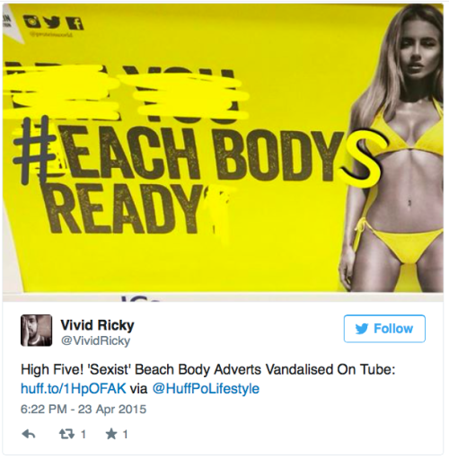 micdotcom:  Feminist vandals are giving this beach body ad the upgrade it deserves Commuters on the London Underground this month were treated to a series of advertisements for U.K. dietary supplement manufacturer Protein World, featuring their “weight