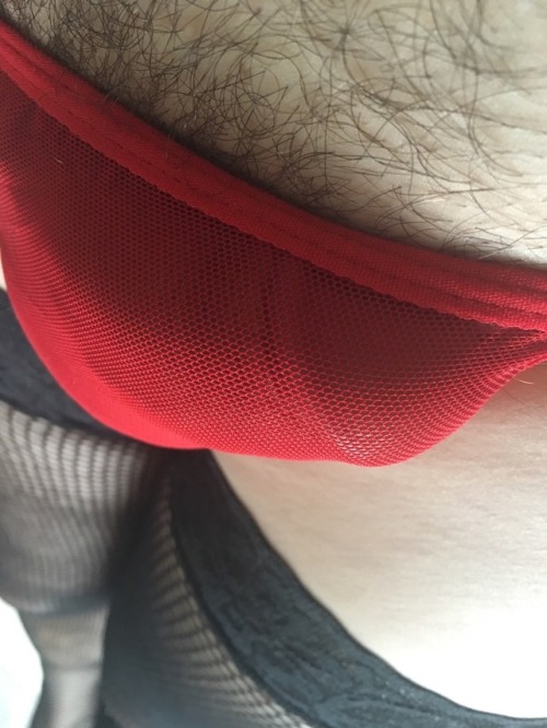 plikespanties:  Red & Black   I had a lot of fun swapping naughty messages while taking these pics  in my Teeny Red Mesh G-String 