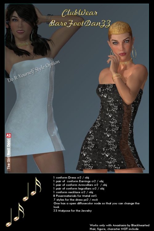 We have some brand new club wear for Anastasia by blackheart…by RedLightZZ!  Conforming Dress with Jewelry and several  textures! Choose from 6 styles option for your night on the town! This is compatible with Poser 9  and is 30% off until 4/15/201