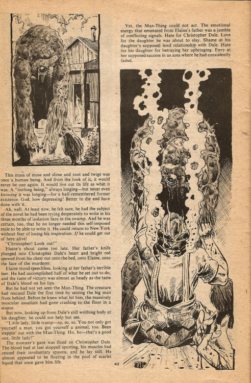 Page from Man-Thing: Several Meaningless Deaths in Chiller Pocket Book No.28 (Marvel Comics, 1980). Story by Steve Gerber, Art by Pat Broderick and Al Milgrom. From Oxfam in Nottingham.