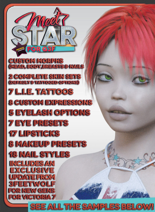 “Star  for G3F” is a brand new Character pack for Genesis 3 Female, Star is a  Hard Rock Party girl with unique tattoos and makeups. Created by Loki and ready for use in Daz Studio 4.9 and up! Check the link for all the extra info. Star G3F