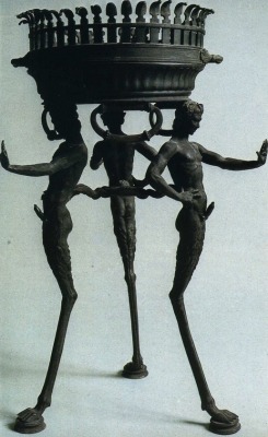 mythologer:  Three slender ithyphallic fauns supporting a basin, found in a house in Pompeii. 