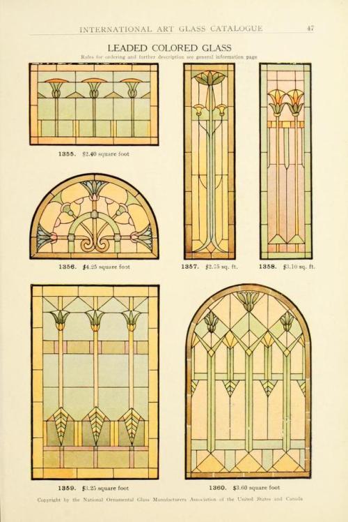 heaveninawildflower:  Designs taken from ‘International Art Glass Catalogue’ by National Ornamental Glass Manufacturers Association of the United States and Canada.Published 1914 by Shattock & McKay Co. Winterthur Museum Library.archive.org  Wow.