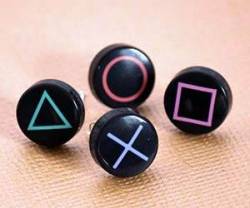 nuggetsofjoy:  PlayStation earrings http://www.etsy.com/listing/89730490/playstation-button-earrings-set-of-4