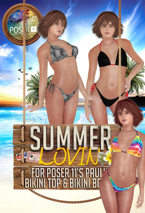 Summer  Lovin is a brand new Materials pack for Poser 11’s Pauline’s Bikini,  with this pack you’ll get 20 full Material Sets for The Bikini Top and  Bikini Bottom. Created by Loki! Also this product is 25% off until 12/26/2015! Get