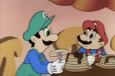 angerbirds:  luigi eats a pancake that is so good, he momentarily loses his grip on his godly powers and floats upward, his soul attracted to heaven. mario looks on, horrified at luigi’s sudden ascension. goodbye luigi 
