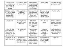 elzebrook:  Catholic Funeral Bingo   My grandfatherâ€™s viewing/Rosary/funeral was this week.  All of these things happened.   Mod announcement that this happened so life continues to be weird but irregularly scheduled posts will continue per usual in