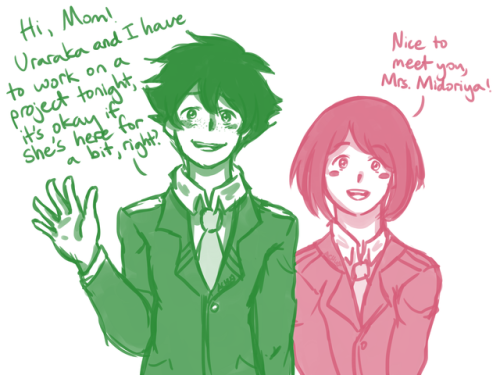 ariichuuu:  IZUOCHA WEEK DAY 1: Firsts i tried to think of something creative for this prompt so i went and illustrated the first time ochako met inko :’’)) im 90% sure that deku wasnt really noticed much by girls in middle school so inko was really