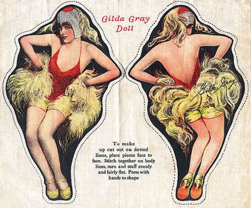 Gilda Gray      (aka. Marinna Michalska) An unusual bit of Burlesque ephemera: Here is a vintage 30’s-era sheet of linen patterned to allow for the creation a simple cloth doll of Ms. Gray.. During the early 1920’s, Gilda became a star