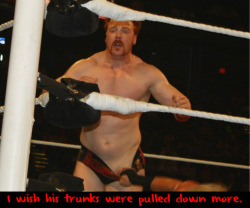 wwewrestlingsexconfessions:  I wish his trunks were pulled down more.