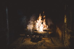 thejeffrose:A roaring fireplace in the Windridge Cabin in the