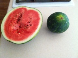 left: one half of a non-organic, genetically modified watermelon