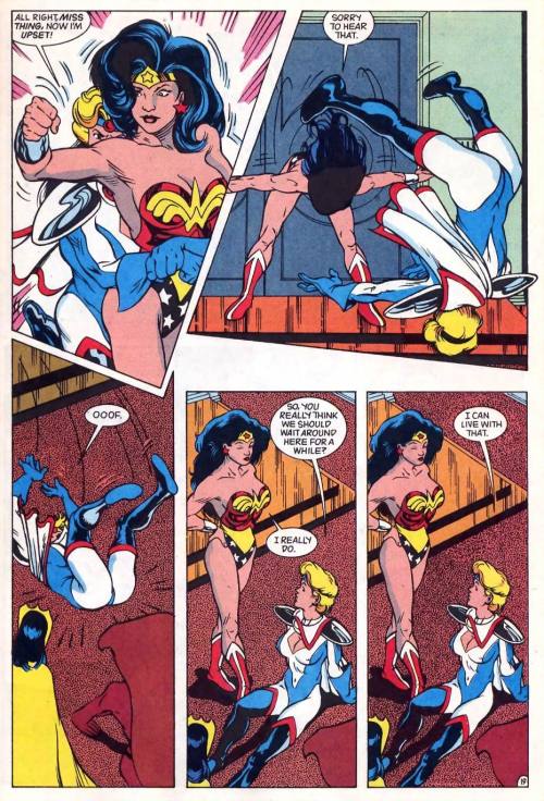 mental-radio1:  Wonder Woman teaches Power Girl a lesson in restraint— Justice League Quarterly #11, Summer 1993.  Art by Lee Moder.   