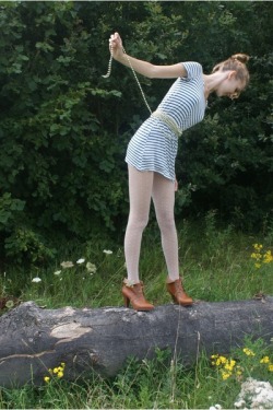 tightsobsession:  White patterned tights with striped dress.