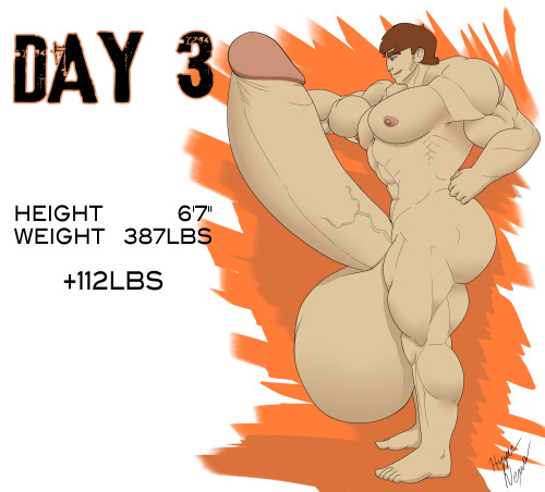 Itâ€™s Day 3! Whoa! David’s getting pretty huge! Lots of muscle, a big butt, a massive cock, and an engorged set of big balls.Â   The drive is now closed. Thank you everyone for contributing!