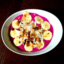 coconut-bra:  pitaya bowl topped with banana, toasted coconut,