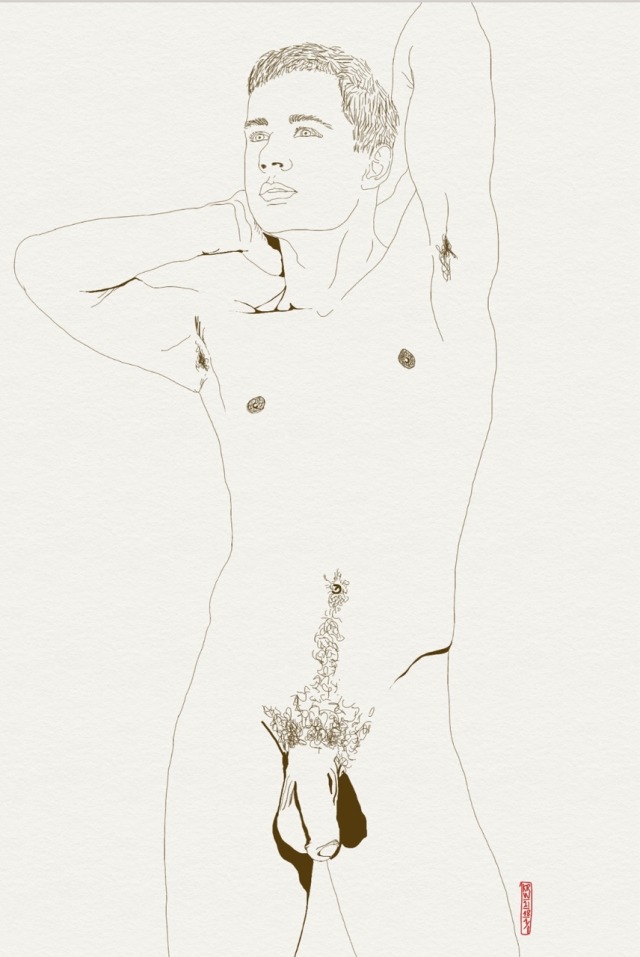 kwa56-blog:Life class,standing model,dark sepia pen on paper.9x7inches.KRWall