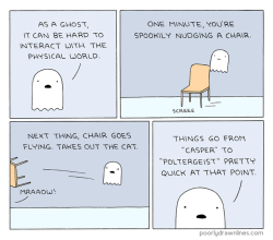 pdlcomics:Ghost vs. World Ghosts interact with the world via