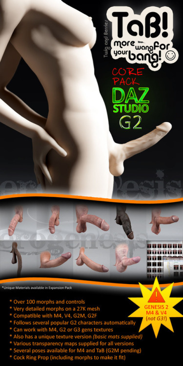  TaB (Twig and Berries) DAZ Studio G2 version,  is a highly detailed male genital figure that can conform to DAZ’s  Genesis 2 male and female, and also Victoria 4 and Michael 4. It comes in four texture versions, which includes support for M4, G2M