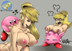 Samus and kirby being swallowed by each other’s bodies. this