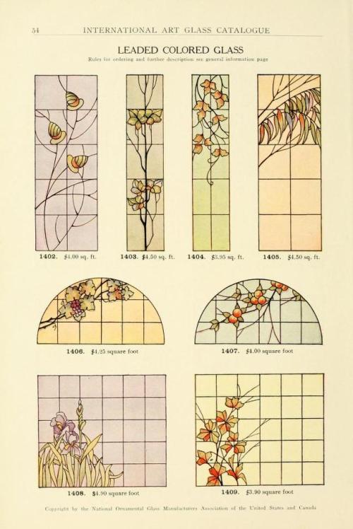 heaveninawildflower:  Designs taken from ‘International Art Glass Catalogue’ by National Ornamental Glass Manufacturers Association of the United States and Canada.Published 1914 by Shattock & McKay Co. Winterthur Museum Library.archive.org  Wow.