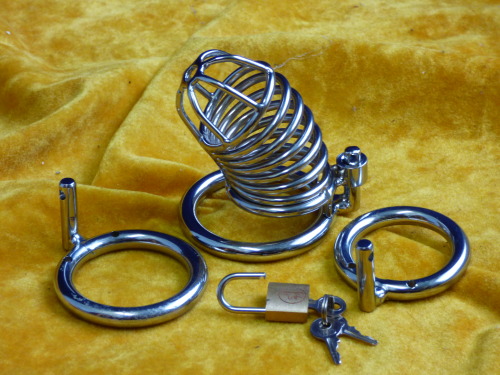 My new toy… steel locking chastity cock cage. gr8bndg