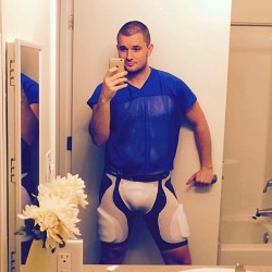 myroommatesjockstrap:  Tried on my roomie’s football gear today..