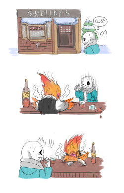 mooncatyao:   when  grillby is sick…  sans takes care of him~<3