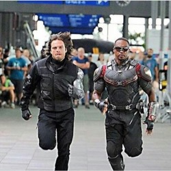 pietromaximxffs:  BUCKY AND SAM IN FULL COSTUMES FOR CIVIL WAR