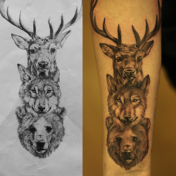 th-ink-inspiration:  Deer wolf bear, fineline, forearm, by Christo