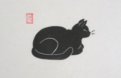 thecatart:  Contentment - Black Cat Lino Block Print cat pictures