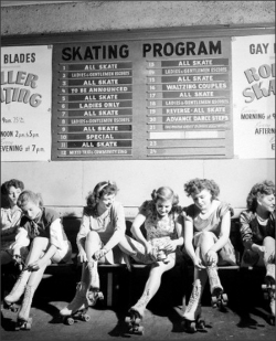 Rollerskaters prepare for the first whirl, 1948