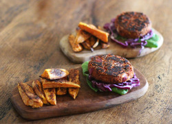 veganismislove:  Spicy Bean Burgers and Sweet Potato Fries 