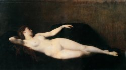 colourthysoul:  Jean-Jacques Henner - Woman on a Black Sofa (1865)