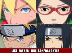 uchiha-princess-sarada:  Just like our dads :)Pic by: https://www.facebook.com/UchihaSaradaOfficial.Fans 