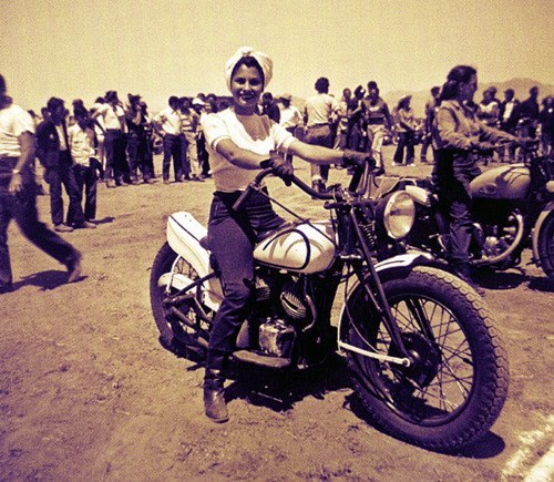 Vintage 50’s-era candid photo captures Patti Waggin preparing for another motorcycle club riding competition.. More pics of Patti can be found here..