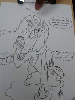 ponyconblindbagcommissions:  “Celestia in a cake bath” drawn