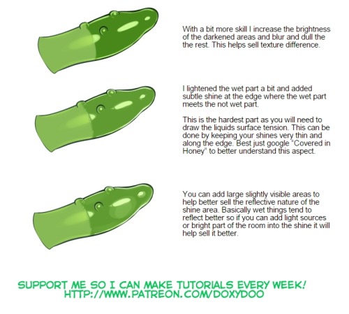 mylittledoxy:  a helpful tutorial for making objects appear wet or gooey, like pickles and hotdogs! yeah!! hope this helps you guys out some. support here so i can keep making tutorials like this: https://www.patreon.com/doxydoo?ty=h   Nice tutorial!