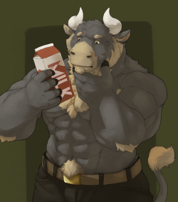 ralphthefeline:A hunky bull dude is looking at a carton of milk